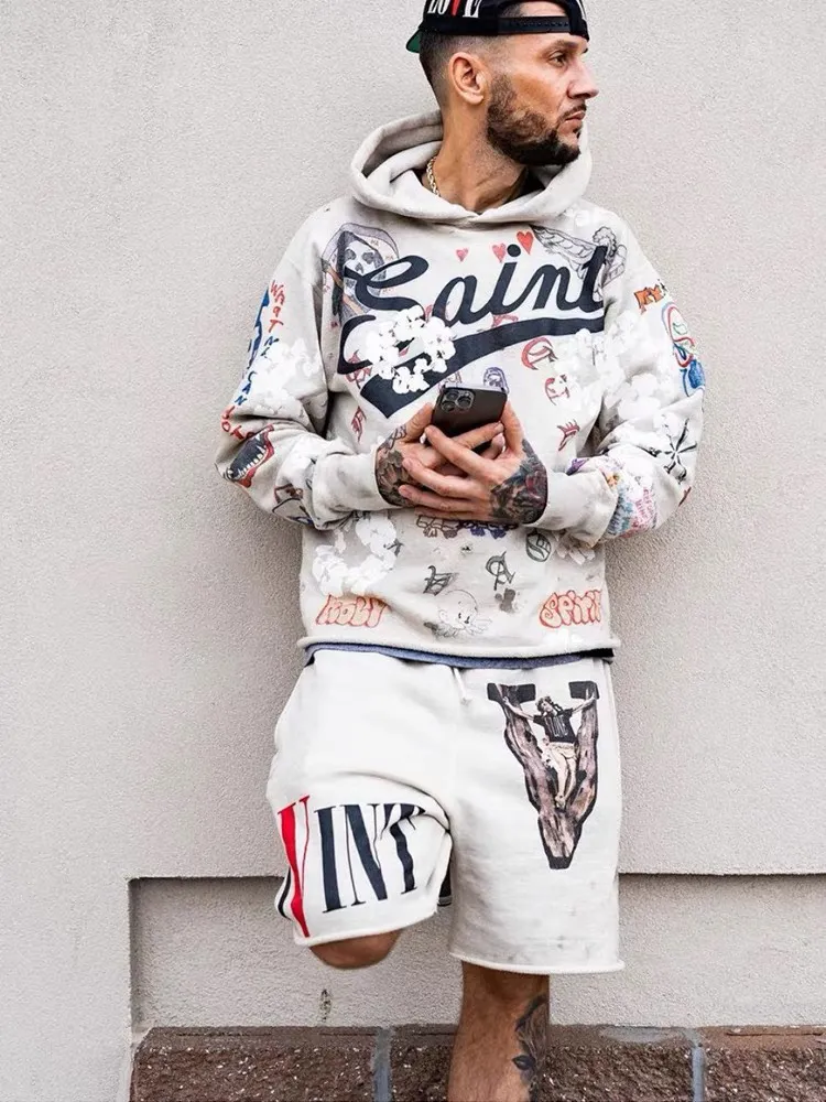 DENIM TEARS × ©SAINT M×××××× "SAINT TEARS" Graffiti Hoodie Joint Model Cotton Graffiti Hoodie Fully Printed Washed Distressed Holes Vintage Sweatshirt Gray S-XL Super Heavy Duty! The whole piece is printed with 35 screens and counterpoint printing!